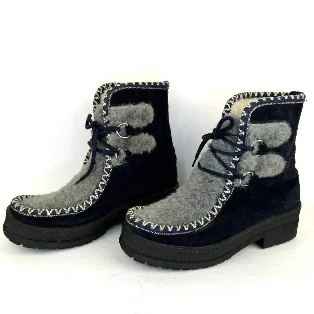 Blue & Gray Fur Lined & Detailed Suede Lace Up Ankle Snow Boots | Women's‎ 6
